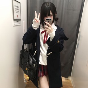 造物猪JK制服外套女秋冬季小个子学院风连帽中长款牛角扣毛呢大衣
