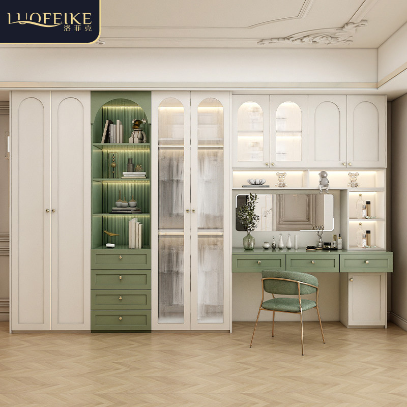 轻奢实木一门到顶衣柜带梳妆台一体组合美式家用卧室玻璃门大衣橱