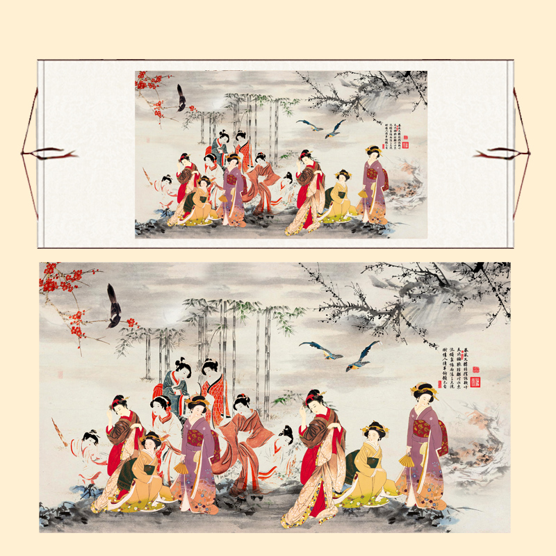 工笔画仕女图挂画唐朝古代人物美女乐器古风屏风装饰丝绸卷轴画