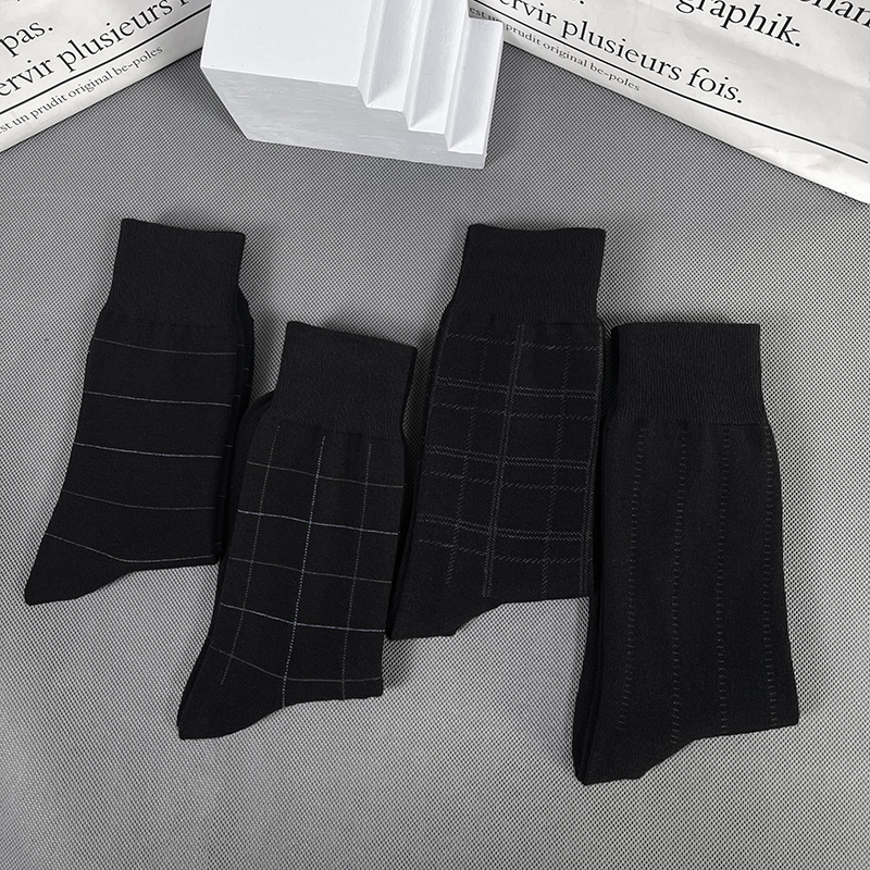 4双佐印男士高筒商务纯棉秋季薄款长筒正装西装黑色袜子男中筒潮