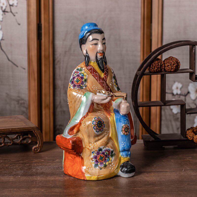 手工彩绘鲁班祖师爷像陶瓷摆件 木锯工神匠工匠班门弄斧神像供奉