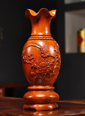 花梨实木雕刻花瓶摆件大号花开富贵一对家居客厅电视柜装饰工艺品