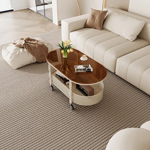 中古风带轮可移动客厅家用茶几奶油风钢化玻璃网红小户型简易茶桌