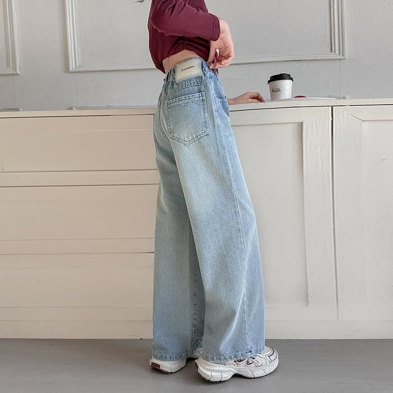 女童裤子春秋2025新款夏洋气直筒裤大童浅色牛仔裤儿童窄版阔腿裤