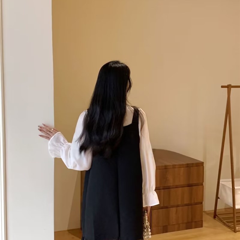 法式气质秋季套装女2023新款白色系带长袖衬衫背带连衣裙子两件套