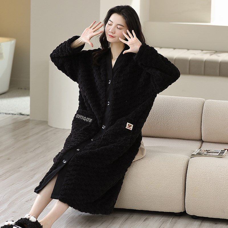 秋冬季法兰绒睡袍女士2023新款加绒加厚保暖中长款浴袍家居服冬天