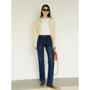 厚挺有型 法式女高个子窄版直筒裤深蓝色高腰显瘦加长牛仔裤春秋