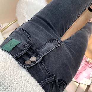 特显瘦洋气烟灰色高腰牛仔裤 春夏潮 女九分弹力收腹显瘦小脚铅笔裤