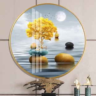 九鱼图玄关装饰画圆形晶瓷画镶钻背景墙轻奢挂画进门单幅水晶壁画