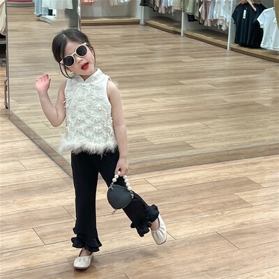 2024夏季女童新中式盘扣斜襟马甲女宝宝唐装背心黑色喇叭裤两件套
