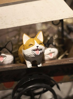 鹿妖商店 开心狗子 纯手工木雕摆件 柯基 哈士奇实木动物桌面雕塑