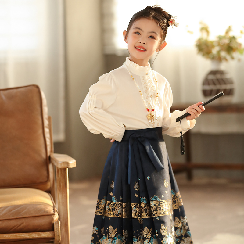 女童长袖衬衫2023秋季新款明制汉服改良版国风汉元素白色上衣衬衫