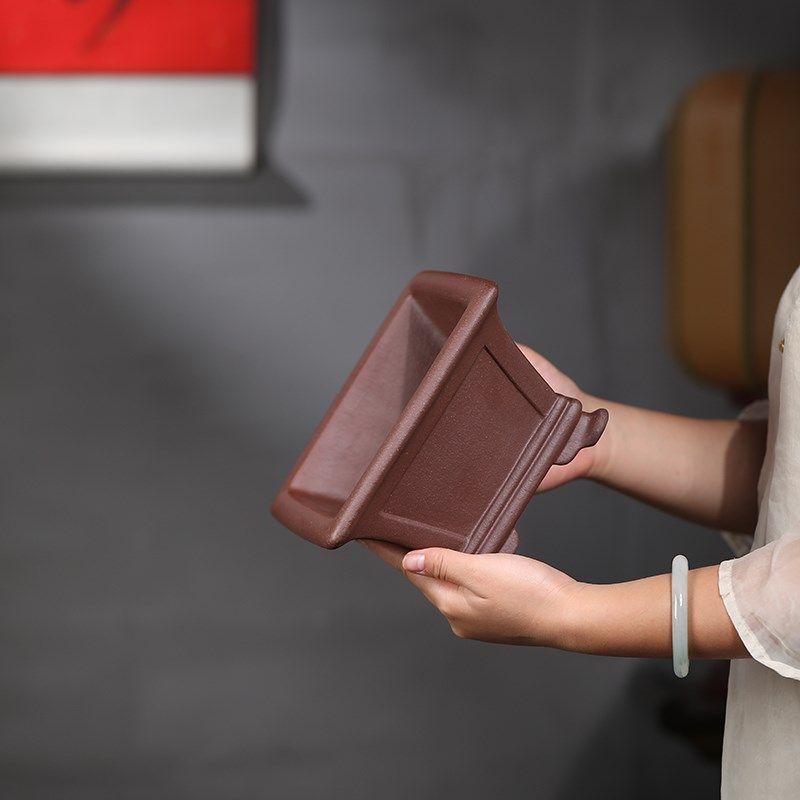 尚扣紫砂 手工紫泥云足四方斗盆 桌面古典盆景盆客厅桩子方形花盆