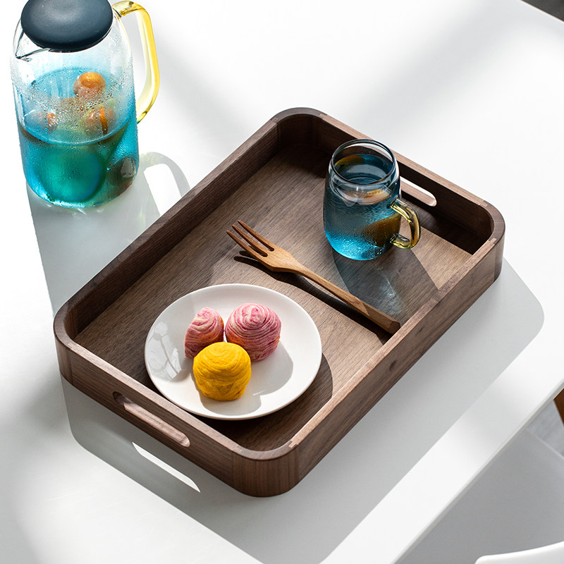 黑胡桃木托盘北欧风木质茶盘托盘家用长方形托盘实木茶水托盘