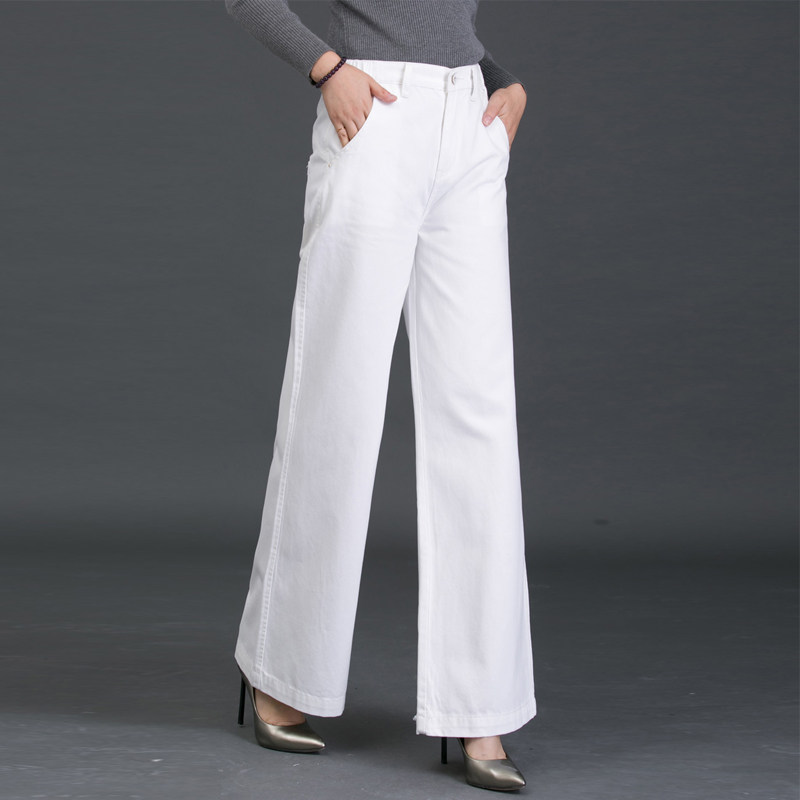 秋冬季新款黑色阔腿女白显瘦大直筒微喇牛仔松紧高腰牛仔大脚长裤