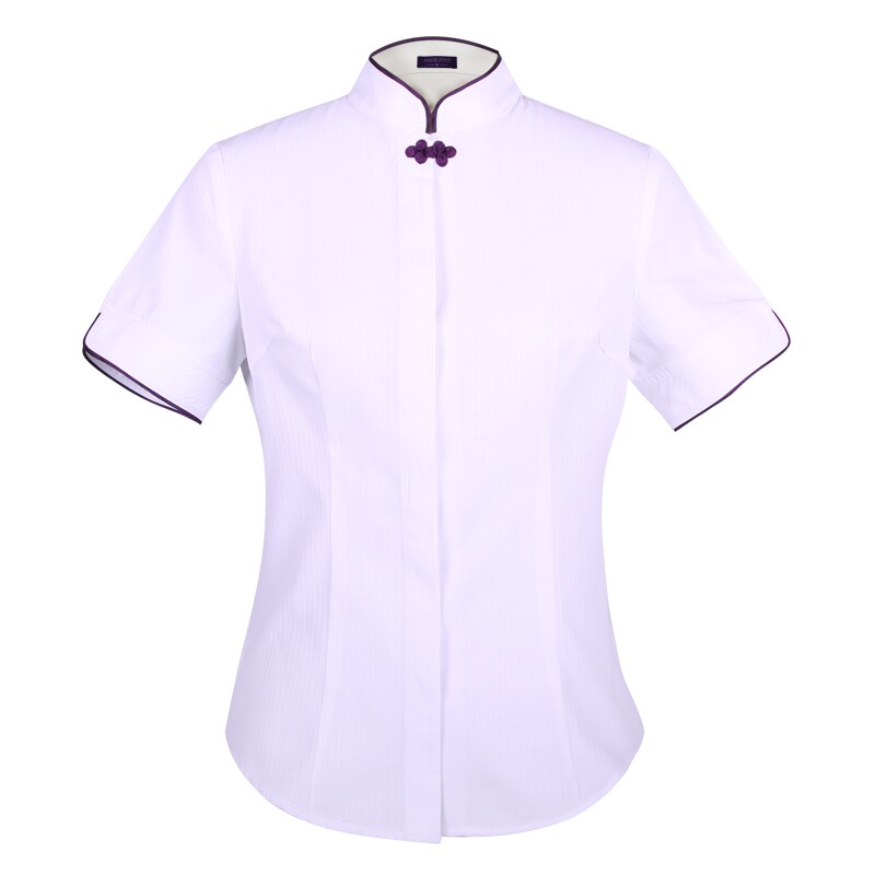 航空姐制服职业衬衫女短袖复古盘扣上衣立领修身衬衣酒店工作服