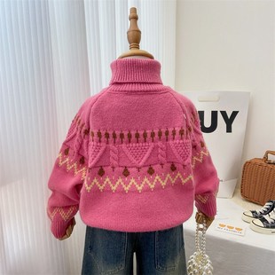 女童毛衣2024新款柔软洋气时髦高领针织衫上衣粉色冬季保暖打底衫