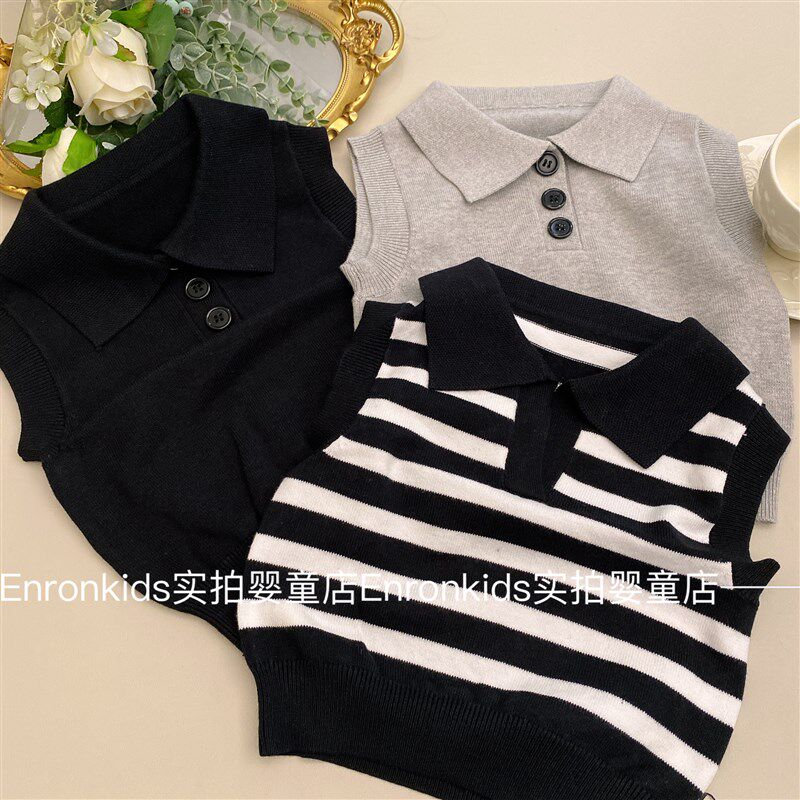 小童秋季马甲Polo翻领针织背心无袖上衣男宝宝春秋款棉线百搭毛衣