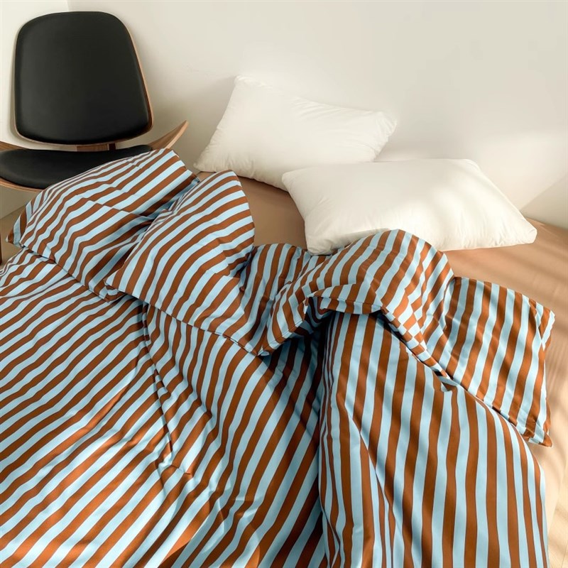冰椰美式 复古蓝咖条纹全棉被套被罩被芯罩被单100棉纯棉床品舒服