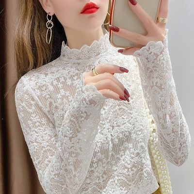 纯棉蕾丝打底衫女2024新款秋冬洋气半高领毛衣内搭中领上衣高级感