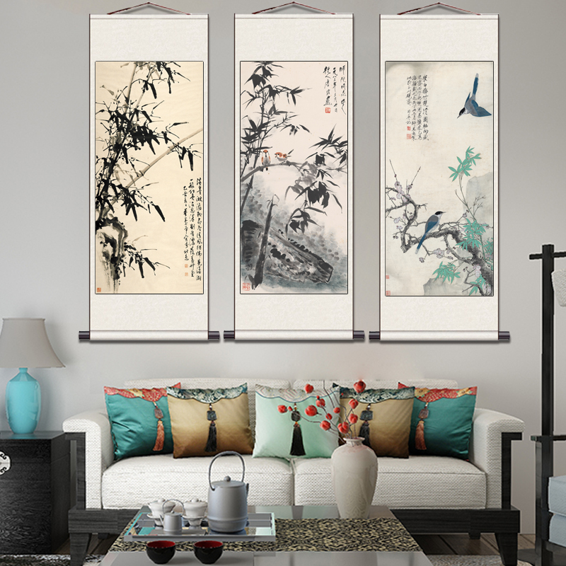 张大千玄关卷轴定制竹报平安装饰挂画茶楼字画酒店壁画名家水墨画