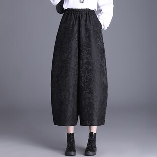 高档加绒提花阔腿裤女秋冬新款大码显瘦九分花苞裤休闲靴裤子黑色