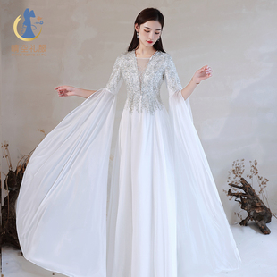 新款独唱礼服成人女复古银白色舞台民乐表演学生艺考服古筝演出服