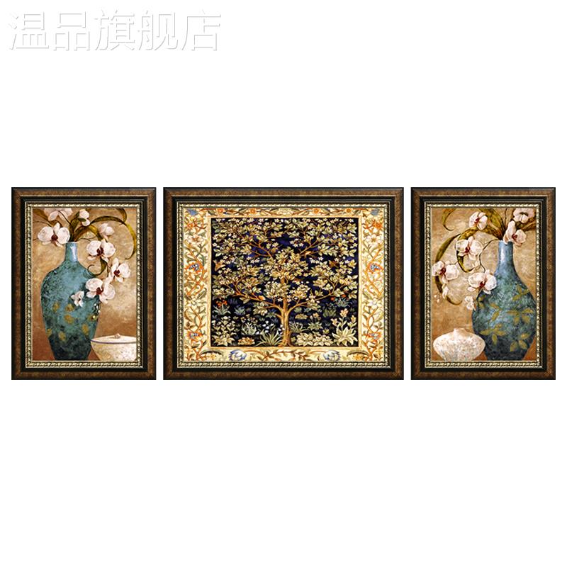 新款美式客厅装饰画欧式壁画沙发背景墙三联画复古墙画发财树油画图片