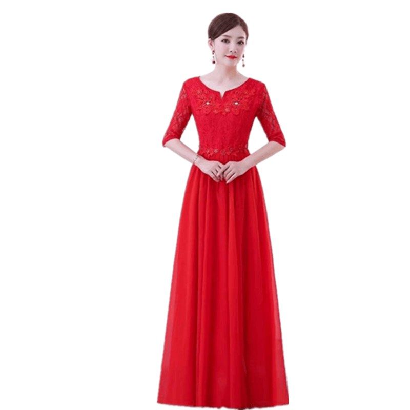 新款合唱服长裙礼服成人合唱团演出服女年会主持人红色中袖连衣裙