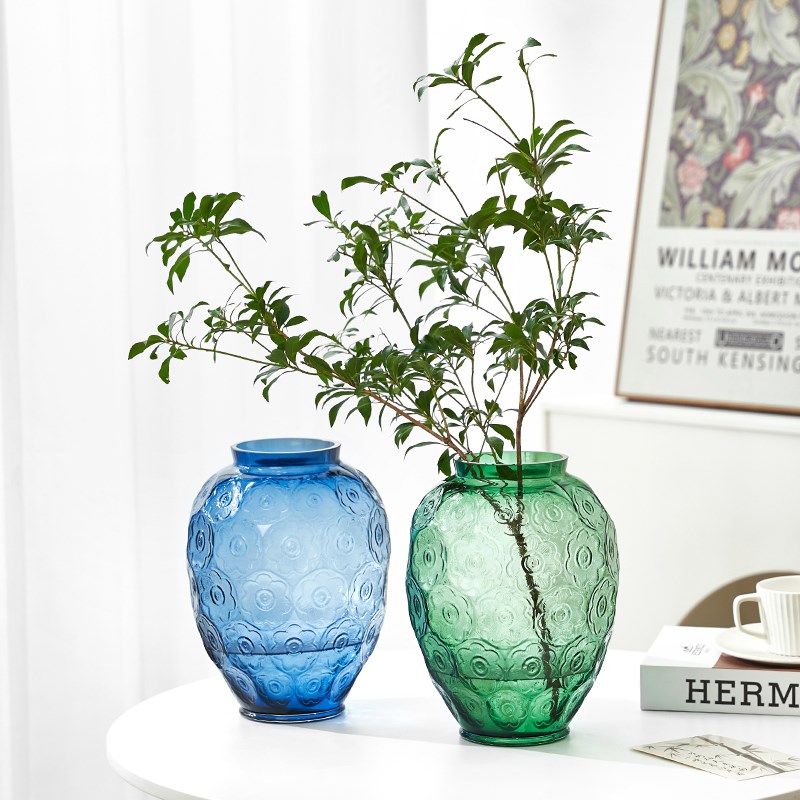 复古中式浮雕玻璃花瓶艺术摆件水养鲜花插花桌面特大号高级装饰品