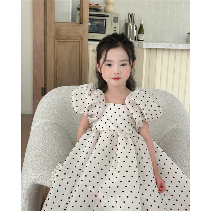 生日六一节礼服裙2024夏季女童高级波点珠光纱长裙轻薄公主连衣裙