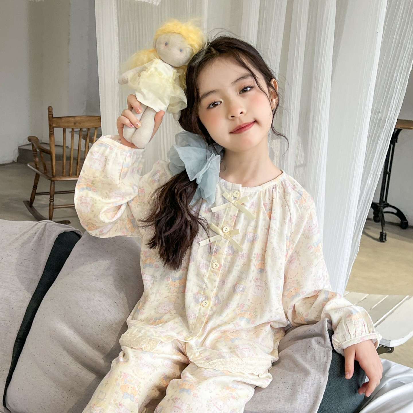 儿童睡衣宝宝纯棉云纱春季开衫家居服男女童卡通套装中小童空调服