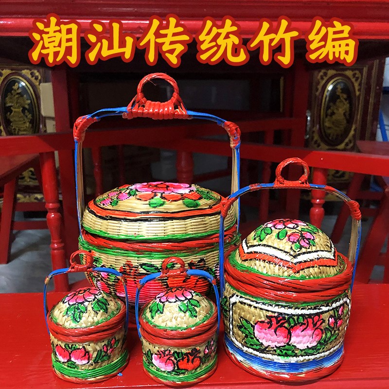 迷你纯手工编织小竹篮子潮汕传统春盛喜庆车载摆件竹制花篮小挂饰