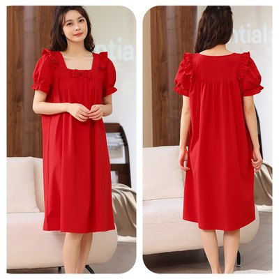 本命年红色睡裙女夏季丝光棉短袖睡衣裙2024年新款夏天薄款家居服