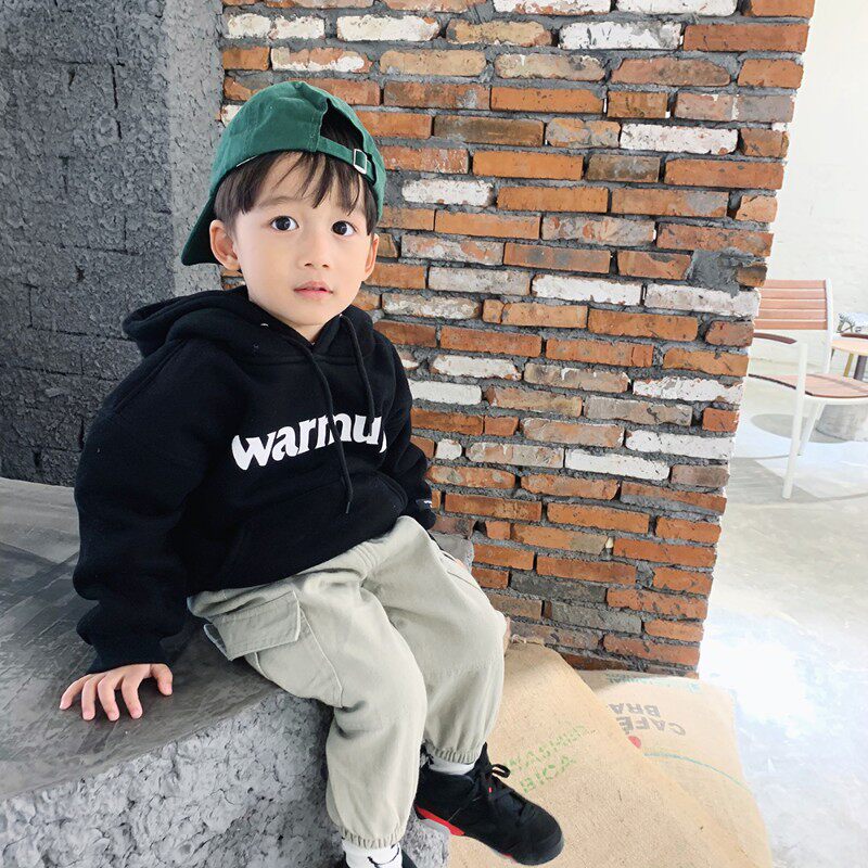 男童加绒卫衣儿童冬装男宝宝加厚连帽上衣秋冬童装小童冬季冬潮款