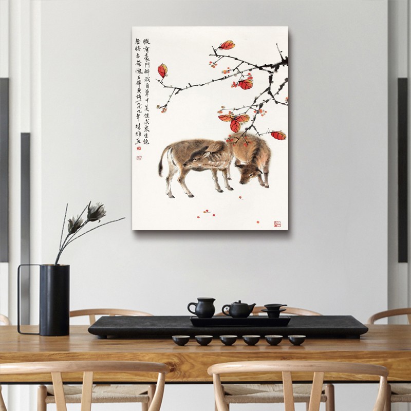 发财鹿中式客厅装饰画沙发背景墙画鹿挂画复古国画墙壁画 双鹿图片