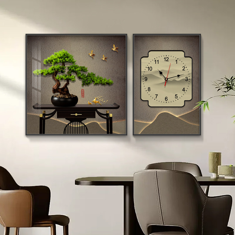 迎客松进门客餐厅两联装饰画组合挂钟办公室茶室禅意挂画新中式