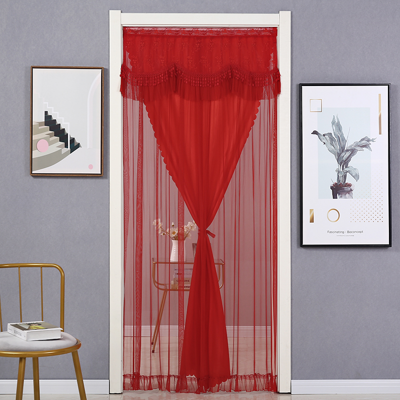 免打孔婚庆用品大红门帘结婚房喜庆防蚊纱蕾丝帘隔断帘家用长款