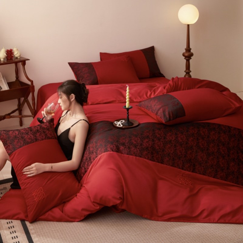 高档简约结婚四件套大红色新婚床单被套纯棉婚庆床上用品婚房陪嫁