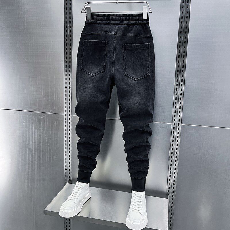 加绒加厚小脚牛仔裤男冬季个性男士松紧腰弹力拉链束脚休闲九分裤