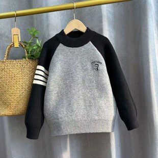 男童一体绒毛衣2024休闲男孩加绒加厚打底衫中大童套头针织衫上衣