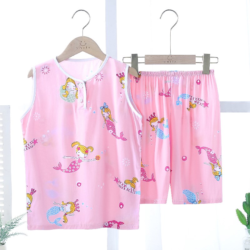 夏季儿童背心睡衣小孩子棉绸空调服男童女童宝宝薄款绵绸套装夏天