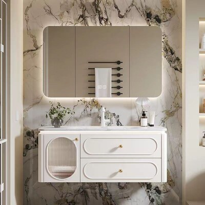 橡木法式奶油风浴室柜组合卫生间洗手洗脸盆圆角陶瓷一体盆卫浴柜