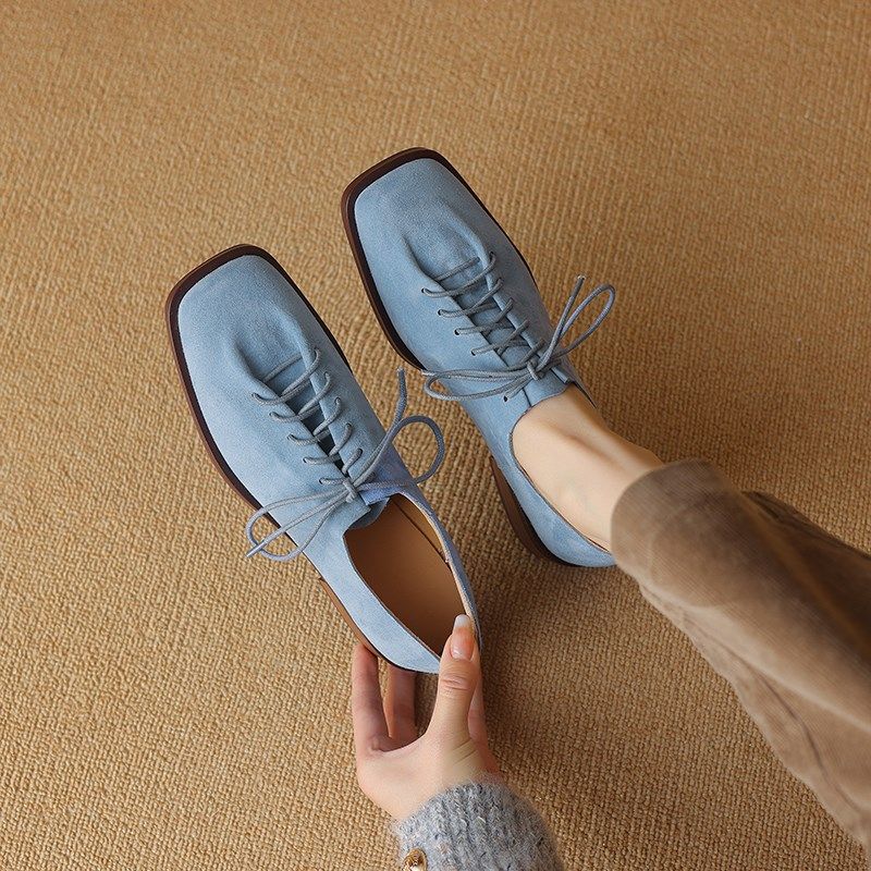 春秋新款真皮羊翻皮深口单鞋女前系带低跟平底方头气质百搭休闲鞋,女鞋,深口单鞋,淘宝优惠券,粉丝福利购,淘宝优惠卷