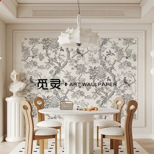 手绘法式花鸟壁纸轻奢客厅沙发电视背景墙定制墙布卧室玄关墙纸