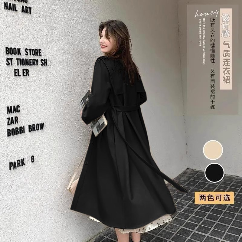 今年流行黑色风衣女中长款春w秋休闲高级感赫本风西装领大衣外套
