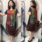 新款 短袖 妈妈装 2025b年夏季 真丝连衣裙中老年气质时尚 宽松遮肉长