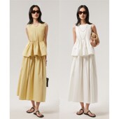 自然皱感 塔克褶无袖 花苞上衣M 高支长绒棉 高腰碎褶A摆半裙套装