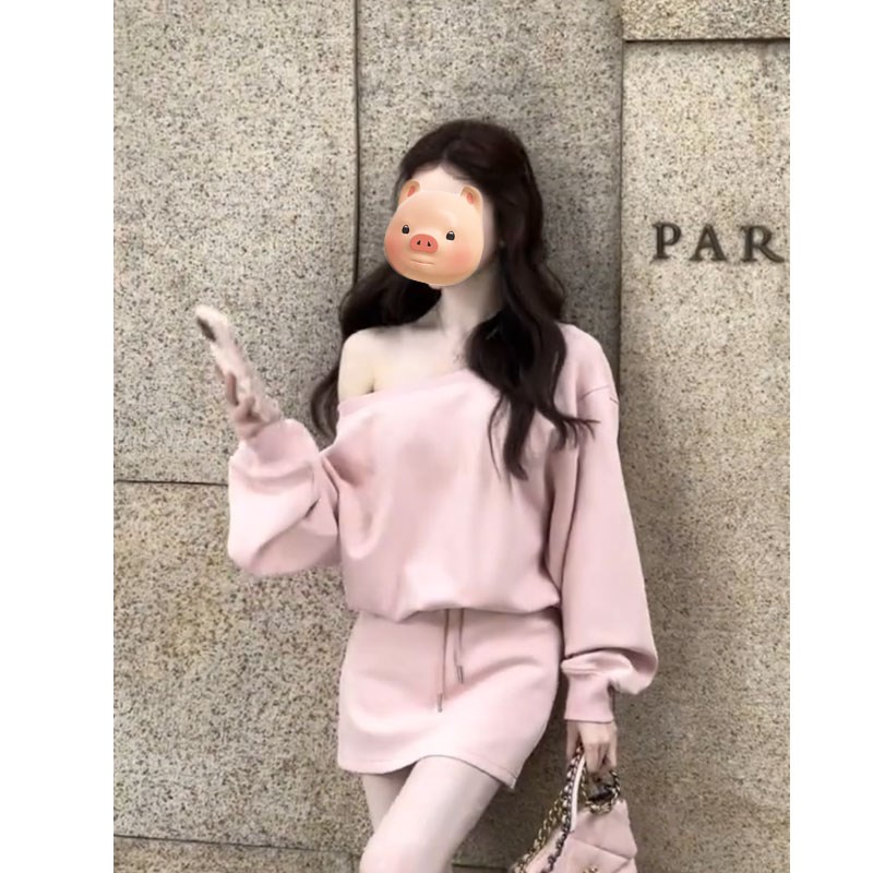 开春ootd穿h搭一整套2025早春季女装粉色斜肩卫衣半身裙子两件套