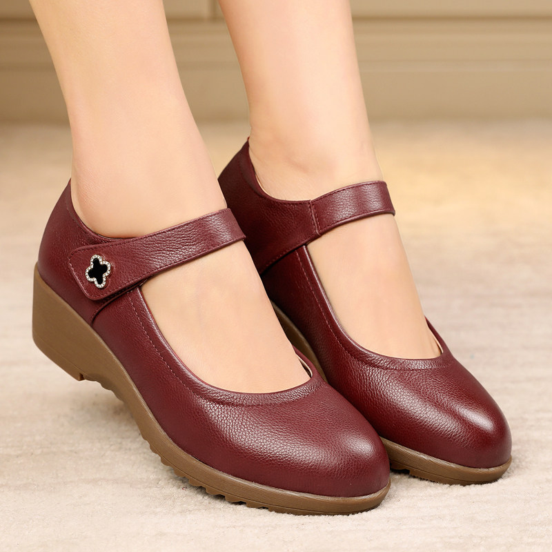 楔型单鞋女真皮软底女士红色皮鞋圆头妈妈跳舞鞋魔术贴女鞋工作鞋,女鞋,深口单鞋,淘宝优惠券,粉丝福利购,淘宝优惠卷